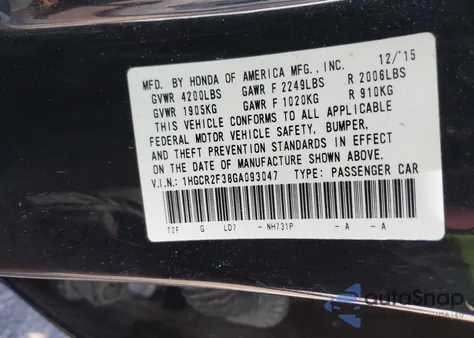 2016 Honda Accord Lx z USA, uszkodzony, nr VIN 1HGCR2F38GA093047